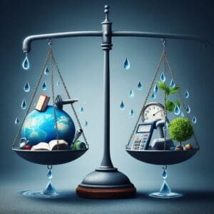 picture of scales with earth and elements on either side, with rain falling on both