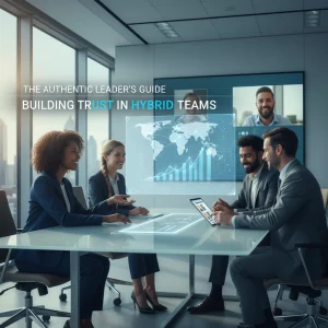 Four professionals discuss at a conference table in a modern office, with digital charts and a world map projected behind them. The text reads, The Authentic Leaders Guide: Building Trust in Hybrid Teams.
