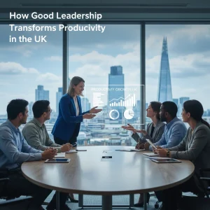 A woman presents productivity growth data to colleagues in a modern UK office with city views. The display shows charts and graphs, and the group listens attentively. Text reads, “How Good Leadership Transforms Productivity in the UK.”.