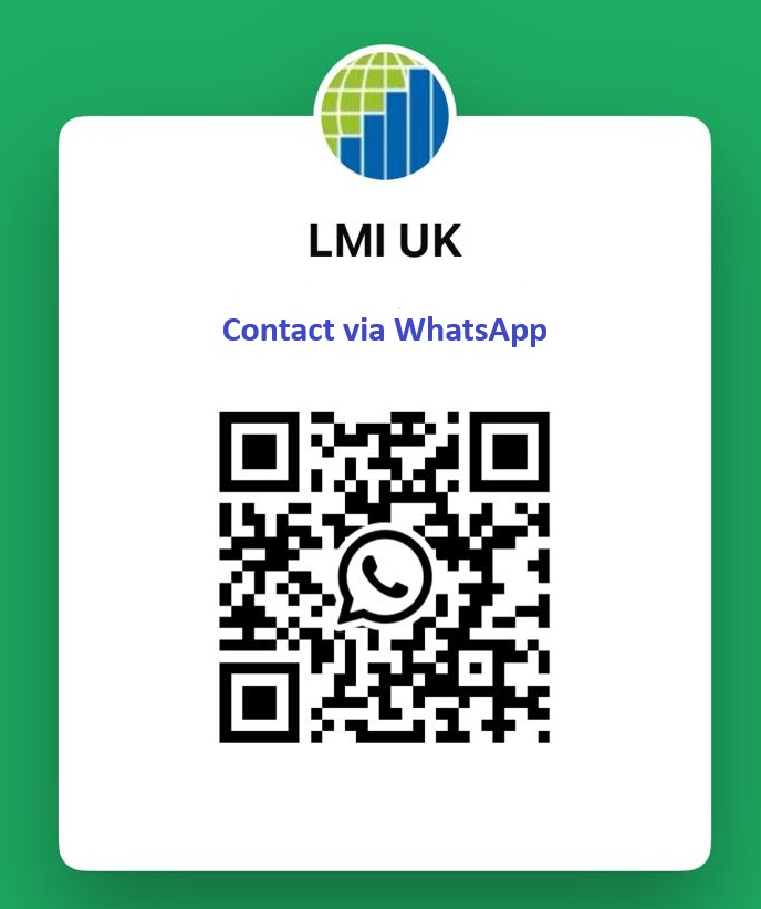 A green and white graphic labeled LMI UK with a globe icon, the text Contact via WhatsApp, and a large WhatsApp QR code centered on a white background.
