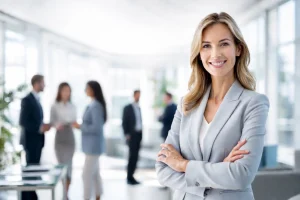 A confident woman in a light gray blazer stands smiling with arms crossed in a bright office, while blurred colleagues converse in the background.