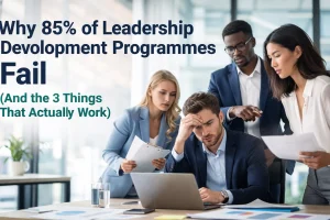 Four business professionals gather around a laptop in an office, looking concerned and focused. Text on image reads: “Why 85% of Leadership Development Programmes Fail (And the 3 Things That Actually Work).”.