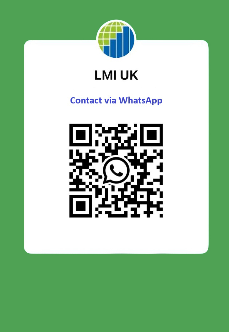A QR code for contacting LMI UK via WhatsApp is displayed on a white card with a green background. The LMI UK logo is at the top of the card.