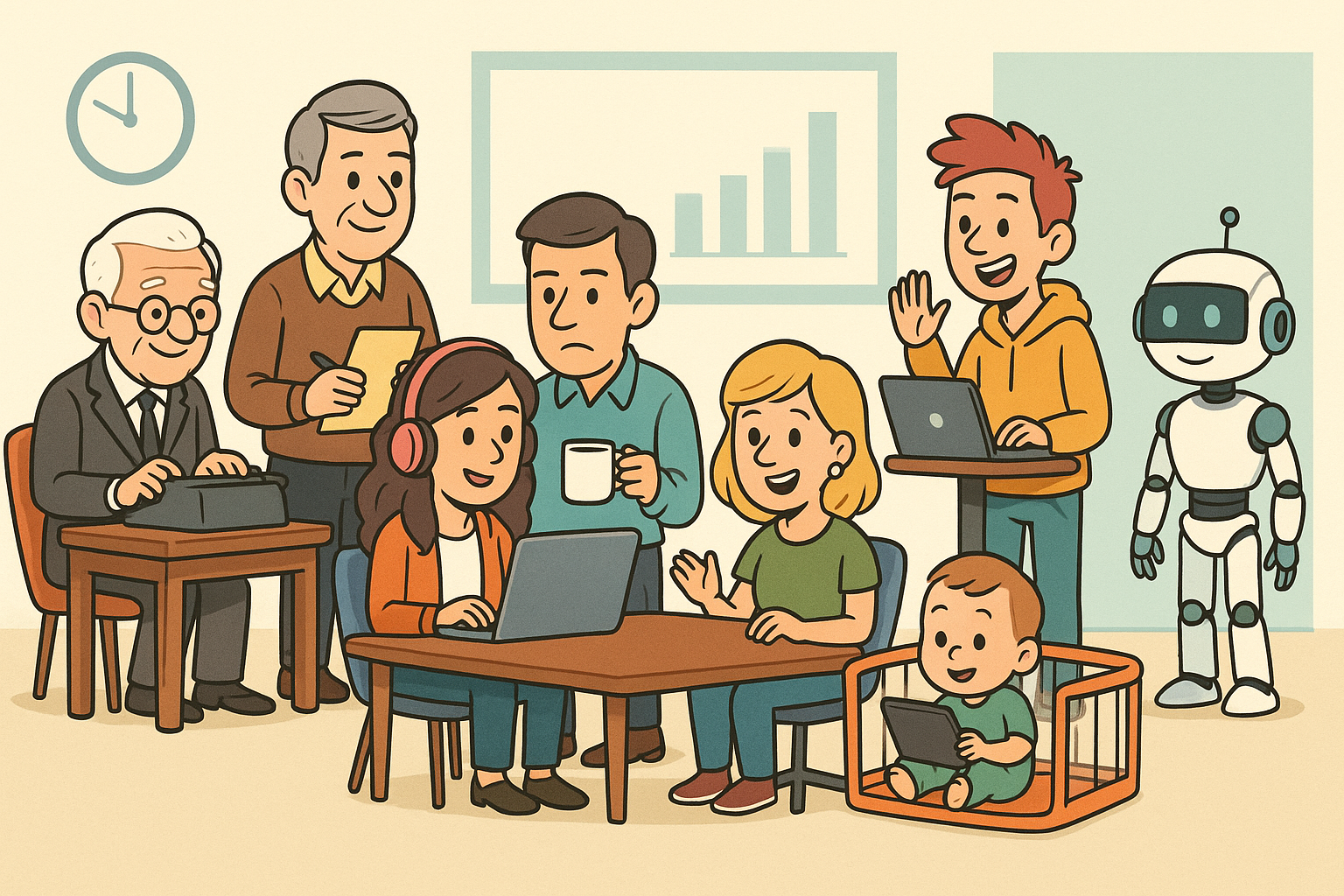 A diverse group of people of different ages and a robot use various devices like laptops, tablets, and typewriters in a room with a clock and a bar chart on the wall. A baby plays with a tablet in a playpen.