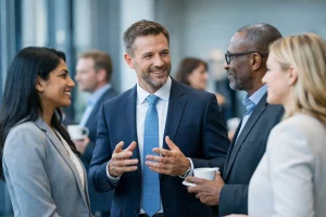 Four business professionals stand together indoors, smiling and conversing whilst holding coffee cups. They are dressed in formal business attire, suggesting a networking or corporate event.