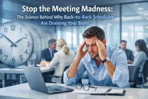 A stressed man sits at a desk with a laptop, holding his temples in an office. Behind him, people have a meeting. Large text reads: “Stop the Meeting Madness: The Science Behind Why Back-to-Back Schedules Are Draining Your Brain.”.