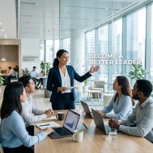 A businesswoman stands and addresses a group of four colleagues in a modern office meeting room with laptops. Text on the image reads, BECOME A BETTER LEADER. A “LEADERSHIP INSIGHTS” sign is visible in the background.