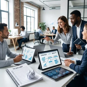 Four professionals discuss data and charts displayed on laptops and tablets around a conference table in a modern office. A large to-do list, some crumpled paper, and digital graphs are visible, indicating a meeting or strategy session.