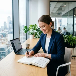 A woman in a navy blazer sits at a modern office desk by a window, smiling as she writes in a notebook. A laptop, coffee cup, and green plants are on the desk. City buildings are visible outside.