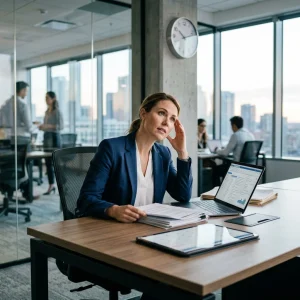 A businesswoman in a blue suit sits at a desk in a modern office, looking stressed with her hand on her head. Papers and a laptop with charts are on her desk. Colleagues work in the background near large windows.