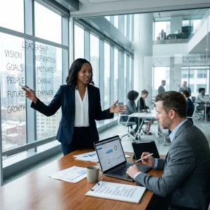 A woman in business attire presents at a whiteboard with words like vision and leadership to a man working on a laptop in a modern office with large windows and other people collaborating in the background.