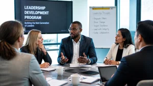 Five professionals sit around a conference table having a discussion. A screen reads “Leadership Development Programme.” A whiteboard behind them lists leadership principles. Laptops and documents are on the table.