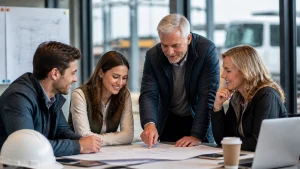 Four people, three sitting and one standing, discuss blueprints at a table in an office. A hard hat, coffee cup, and laptop are on the table. They appear focused and collaborative.