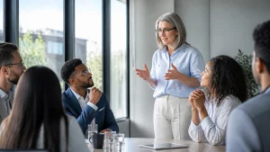 A woman stands and speaks to four colleagues seated around a conference table in a modern office with large windows. The group listens attentively, suggesting a collaborative meeting or discussion.