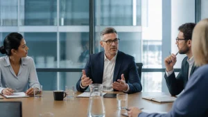 Four business professionals sit at a conference table having a serious discussion. One man gestures while speaking; others listen. Large windows show a modern office building outside. Notepads, glasses, and a water jug are on the table.
