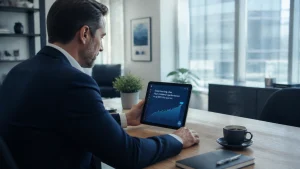 A man in a suit sits at a desk, looking at a tablet displaying a graph with rising performance data. A notebook, pen, coffee cup, and potted plant are on the desk in a modern office setting.