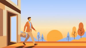 Illustration of a person in a suit carrying a briefcase, walking out of a building at sunrise. The background features trees, hills, and a large sun low in the sky, with warm colours throughout the scene.